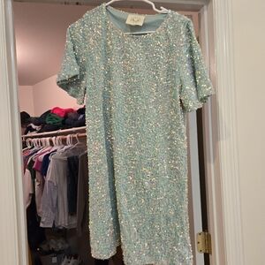 Mint/ blue sequined mini shirt eras dress